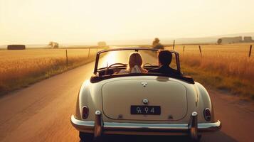 Happy couple driving in a country road. Illustration photo