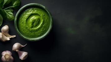 Green pesto sauce. Illustration photo