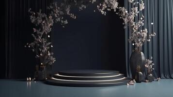 Dark elegant podium with flowers. Illustration photo