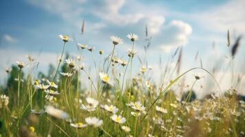 Summer field with daisy flowers. Illustration photo