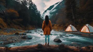 Girl travels through the mountains glamping. Illustration photo