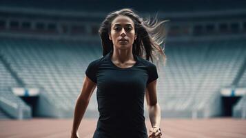 Girl runs on stadium. Illustration photo