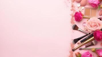 Pink background with cosmetic products. Illustration photo