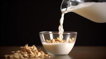 Milk and bowl of cereal. Illustration photo