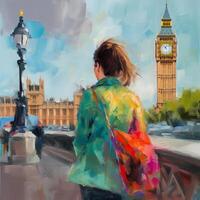 Impressionist painting, back view of girl looks to Big Ben, London Illustration photo