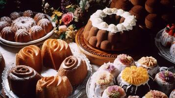 Variety of bundt cakes and sweets. Illustration photo