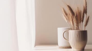 Mug and transparent vase with dry spikelets. Illustration photo