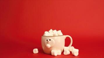 Red hot chocolate mug with melted marshmallows. Illustration photo