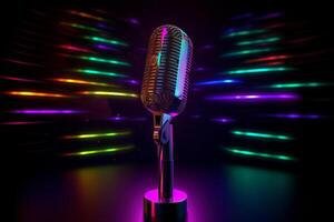 Neon black microphone background. Illustration photo