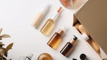 Cosmetics box with set of bottles. Illustration photo