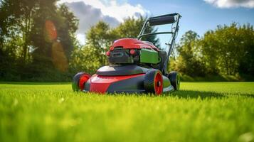 Lawn mover on green grass. Illustration photo