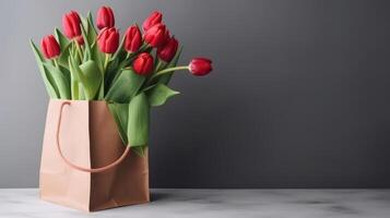 Red tulips bouquet in paper shopping bag Illustration photo