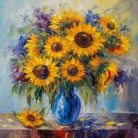 Impressionist painting sunflowers bouquet. Illustration photo