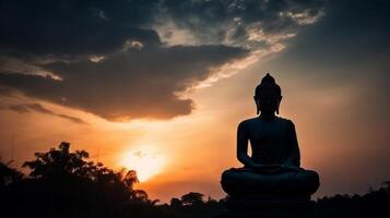 silueta de Buda estatua a puesta de sol cielo antecedentes. ilustración ai generativo foto