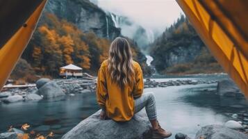 Girl travels through the mountains glamping. Illustration photo