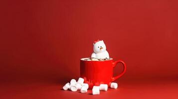 Red hot chocolate mug with melted marshmallows. Illustration photo