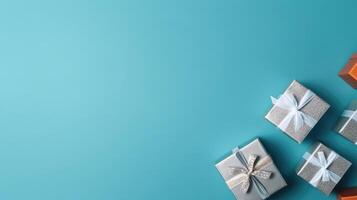 azul antecedentes con plata regalo cajas ilustración ai generativo foto