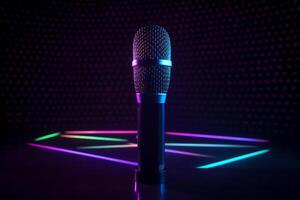 Neon black microphone background. Illustration photo