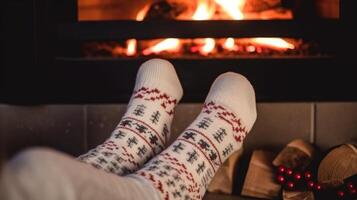 Legs in wool socks near fireplace. Illustration photo