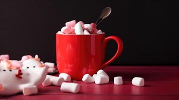 Red hot chocolate mug with melted marshmallows. Illustration photo