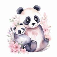 Cute watercolor panda with mom. Illustration photo