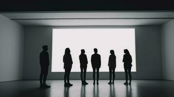 Peoples Silhouettes Looking on the Empty Frame in Art Gallery Illustration AI Generative photo