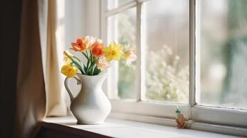 Spring flowers in vase. Illustration photo