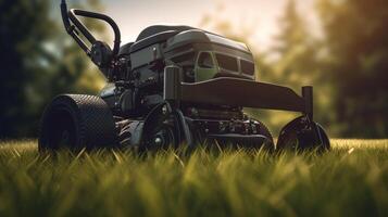 Lawn mover on green grass. Illustration photo