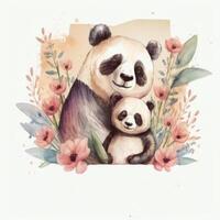 Cute watercolor panda with mom. Illustration photo