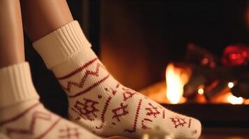 Legs in wool socks near fireplace. Illustration photo