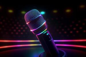 Neon black microphone background. Illustration photo