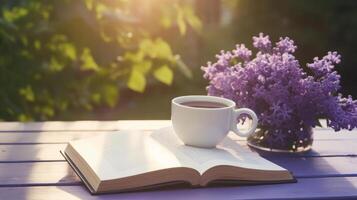 Cup of coffee with book and Lilly flowers. Illustration photo