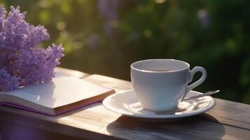 Cup of coffee with book and Lilly flowers. Illustration photo