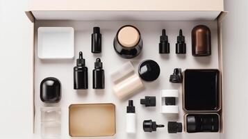 Cosmetics box with set of bottles. Illustration photo