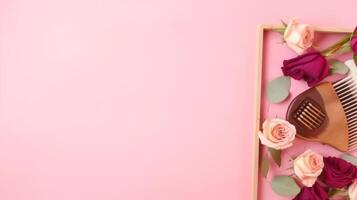 Pink background with cosmetic products. Illustration photo