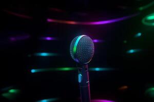 Neon black microphone background. Illustration photo