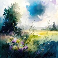 Watercolor summer meadow. Illustration photo