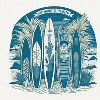 summer vibe design featuring a group of surfboards lined up on a beach photo