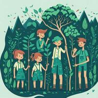 illustration World Environment Day girls planting trees photo