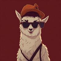 Happy white llama wearing a summer hat, wearing a brown coat photo
