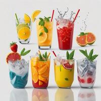 summer drinks on white background bright colour hyper realistic photo