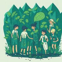 illustration World Environment Day girls planting trees photo