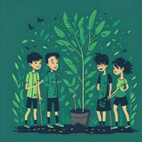 illustration World Environment Day girls planting trees photo