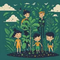 vector ilustración mundo ambiente día muchachas plantando arboles ai generado foto