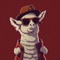 Happy white llama wearing a summer hat, wearing a brown coat photo