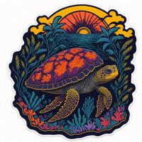 sticker, beautiful turtle under the sea, Sunset tropical summer photo