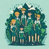 illustration World Environment Day girls planting trees photo