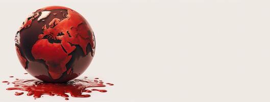 Concept of saving planet, miniature globe floats in blood, white background. . photo