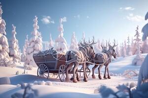 Santa on sleigh with reindeer rides through snowy forest on Christmas, wallpaper. . photo