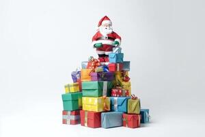 Santa Claus with gift boxes on white background, copy space isolate. . photo